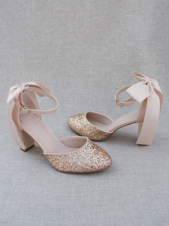 レディース ドレスパンプス グリッター リボン チャンキーヒールパンプス