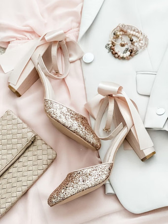 レディース ドレスパンプス グリッター リボン チャンキーヒールパンプス