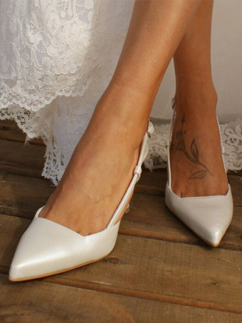 ホワイトウェディングシューズ ポインテッドトゥ スリングバック ブライダルシューズ