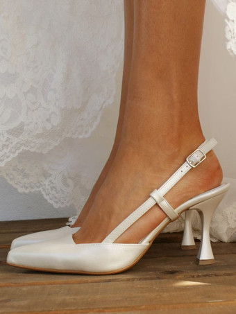 ホワイトウェディングシューズ ポインテッドトゥ スリングバック ブライダルシューズ