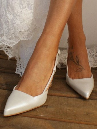 ホワイトウェディングシューズ ポインテッドトゥ スリングバック ブライダルシューズ
