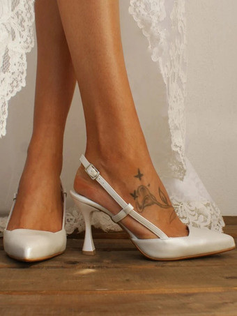 ホワイトウェディングシューズ ポインテッドトゥ スリングバック ブライダルシューズ