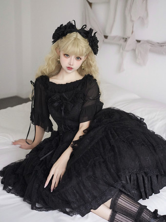   ゴシック ロリータ ドレス フリル ティアード レース ブラック ブラック