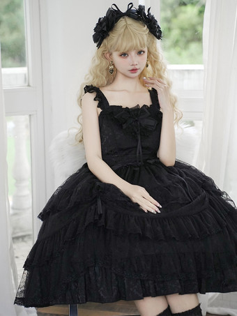   ゴシック ロリータ ドレス フリル ティアード レース ブラック ブラック