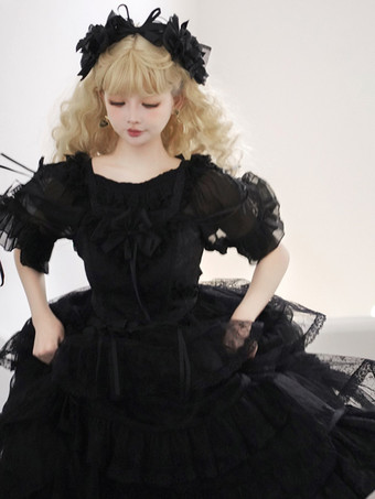   ゴシック ロリータ ドレス フリル ティアード レース ブラック ブラック