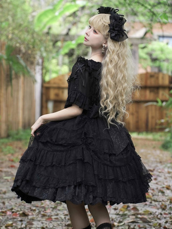   ゴシック ロリータ ドレス フリル ティアード レース ブラック ブラック