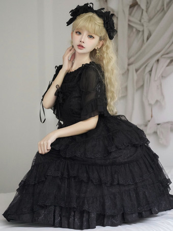   ゴシック ロリータ ドレス フリル ティアード レース ブラック ブラック
