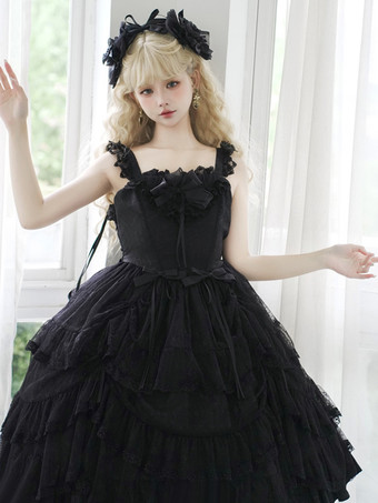   ゴシック ロリータ ドレス フリル ティアード レース ブラック ブラック