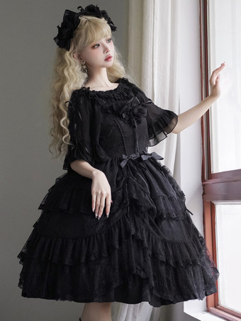   ゴシック ロリータ ドレス フリル ティアード レース ブラック ブラック