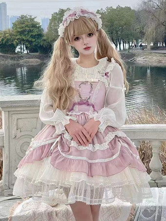 ピンクスイートロリータドレス ポリエステル ノースリーブ ジャンパー スイートロリータドレス