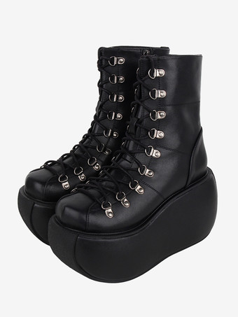 ゴシックロリータブーツ PUレザー メタリックPU ラウンドトゥ ブラック ロリータ フットウェア