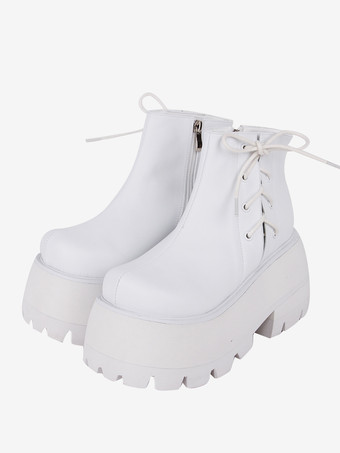 ホワイト ゴシックロリータフットウェアホワイトPUレザーウェッジヒールロリータシューズ