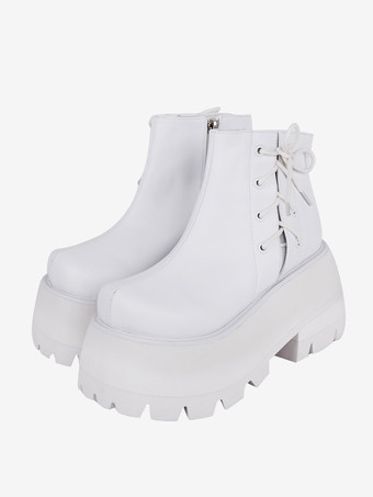 ゴシックロリータフットウェアホワイトPUレザーウェッジヒールロリータシューズ