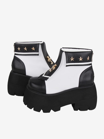 ブラック ゴシック ロリータ ブーツ PU レザー メタリック グロメット スクエア トゥ ブラック ロリータ フットウェア