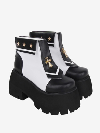 ゴシック ロリータ ブーツ PU レザー メタリック グロメット スクエア トゥ ブラック ロリータ フットウェア