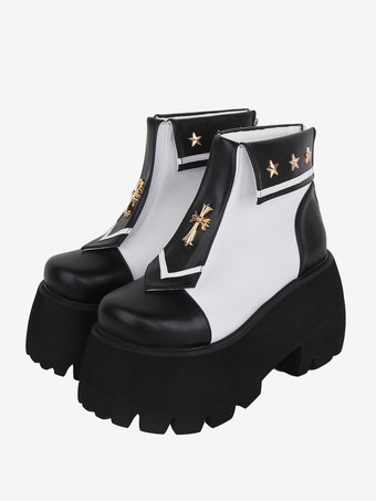 ゴシック ロリータ ブーツ PU レザー メタリック グロメット スクエア トゥ ブラック ロリータ フットウェア