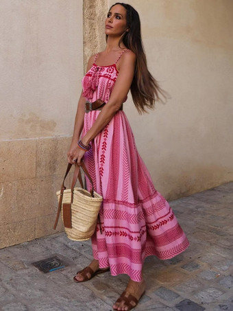 プリントドレス スパゲッティストラップ フリンジ ボヘミアン風 サマーマキシドレス