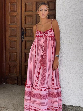 ピーチプリントドレス スパゲッティストラップ フリンジ ボヘミアン風 サマーマキシドレス