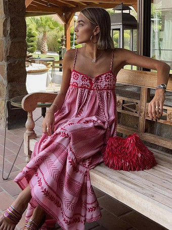 プリントドレス スパゲッティストラップ フリンジ ボヘミアン風 サマーマキシドレス