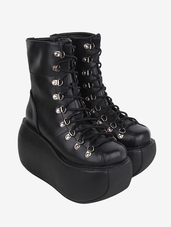 ゴシックロリータブーツ PUレザー メタリックPU ラウンドトゥ ブラック ロリータ フットウェア