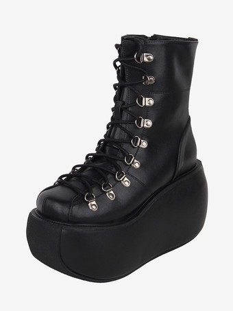 ブラック ゴシックロリータブーツ PUレザー メタリックPU ラウンドトゥ ブラック ロリータ フットウェア