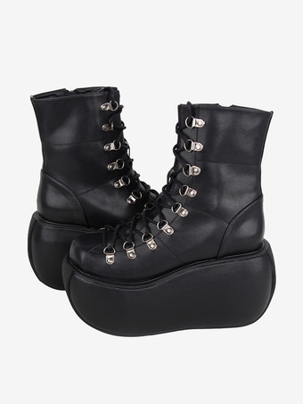 ゴシックロリータブーツ PUレザー メタリックPU ラウンドトゥ ブラック ロリータ フットウェア