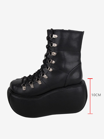 ゴシックロリータブーツ PUレザー メタリックPU ラウンドトゥ ブラック ロリータ フットウェア