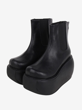 ゴシックロリータブーツ ブラック PU ラウンドトゥ PUレザー ロリータフットウェア