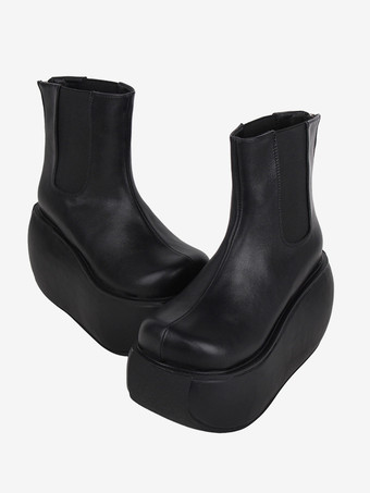 ブラック ゴシックロリータブーツ ブラック PU ラウンドトゥ PUレザー ロリータフットウェア