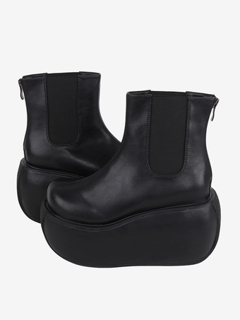 ゴシックロリータブーツ ブラック PU ラウンドトゥ PUレザー ロリータフットウェア