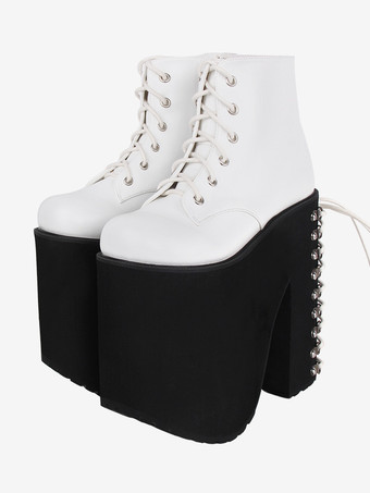 ゴシックロリータフットウェア ホワイトメタリックグロメット ラウンドトゥ PUレザーロリータシューズ