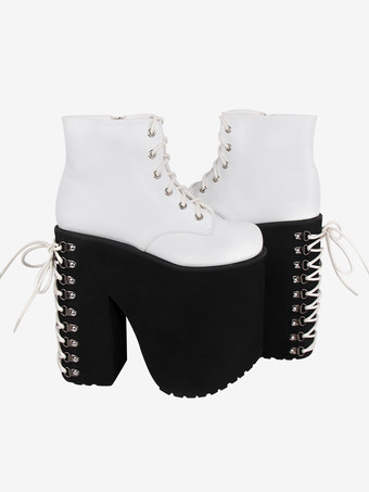 ゴシックロリータフットウェア ホワイトメタリックグロメット ラウンドトゥ PUレザーロリータシューズ