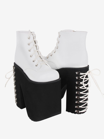 ゴシックロリータフットウェア ホワイトメタリックグロメット ラウンドトゥ PUレザーロリータシューズ