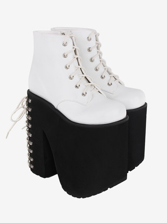 ゴシックロリータフットウェア ホワイトメタリックグロメット ラウンドトゥ PUレザーロリータシューズ