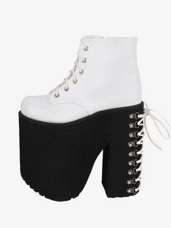 ホワイト ゴシックロリータフットウェア ホワイトメタリックグロメット ラウンドトゥ PUレザーロリータシューズ