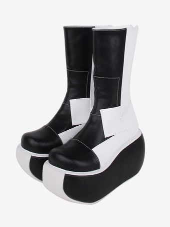 ゴシックロリータブーツ PUレザーパッチワークラウンドトゥブラックロリータフットウェア