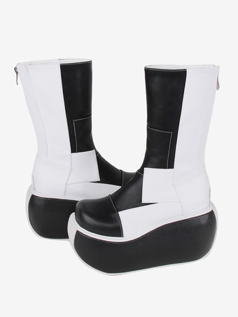 ゴシックロリータブーツ PUレザーパッチワークラウンドトゥブラックロリータフットウェア