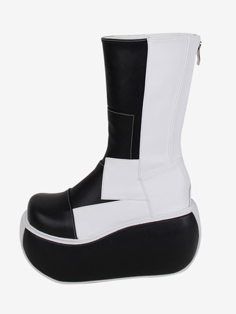 ゴシックロリータブーツ PUレザーパッチワークラウンドトゥブラックロリータフットウェア