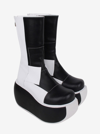 ゴシックロリータブーツ PUレザーパッチワークラウンドトゥブラックロリータフットウェア