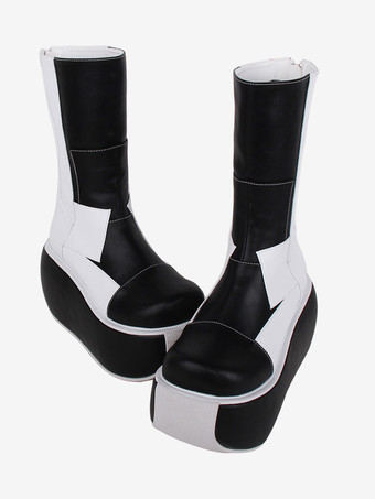 ブラック ゴシックロリータブーツ PUレザーパッチワークラウンドトゥブラックロリータフットウェア