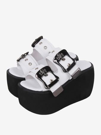 ゴシックロリータサンダル ホワイトメタルディテール メタリックPUレザー ピープトゥ ロリータ サマーシューズ