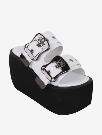 ゴシックロリータサンダル ホワイトメタルディテール メタリックPUレザー ピープトゥ ロリータ サマーシューズ