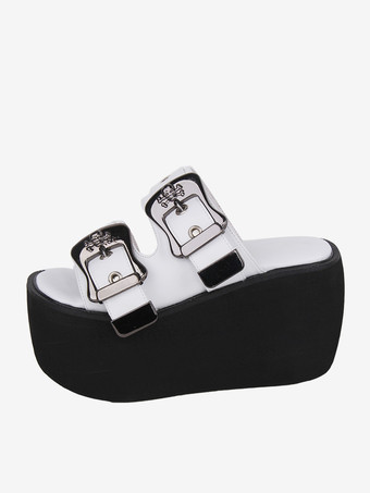 ゴシックロリータサンダル ホワイトメタルディテール メタリックPUレザー ピープトゥ ロリータ サマーシューズ