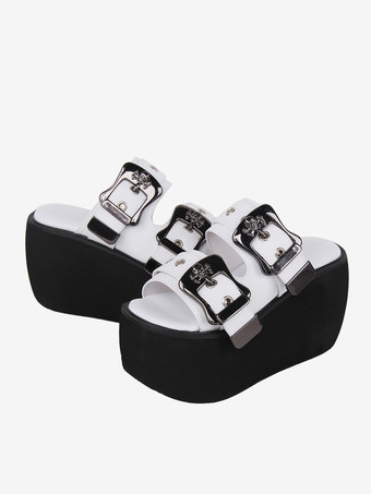 ホワイト ゴシックロリータサンダル ホワイトメタルディテール メタリックPUレザー ピープトゥ ロリータ サマーシューズ