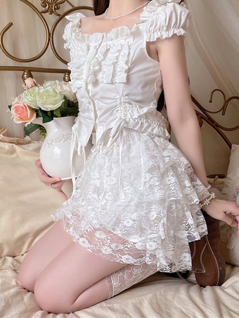 スイートロリータブルマーティアードフリルレースルーズホワイトロリータパンツ