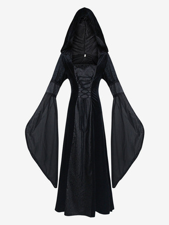 ブラック フード付きロングスカート コス 服 中世 レトロ コスチューム バーガンディ