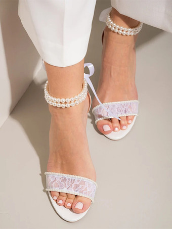レディースヒールサンダル レース オープントゥ パール チャンキーヒール ブライダルシューズ