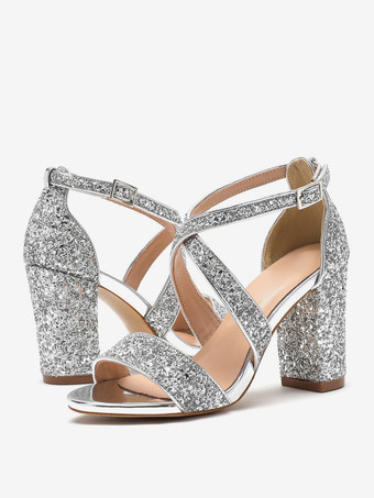 レディースヒールサンダル ラウンドトゥサンダル チャンキーヒール スパンコール 布製パーティーシューズ