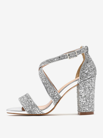 シルバー レディースヒールサンダル ラウンドトゥサンダル チャンキーヒール スパンコール 布製パーティーシューズ