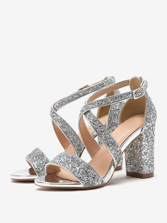 レディースヒールサンダル ラウンドトゥサンダル チャンキーヒール スパンコール 布製パーティーシューズ